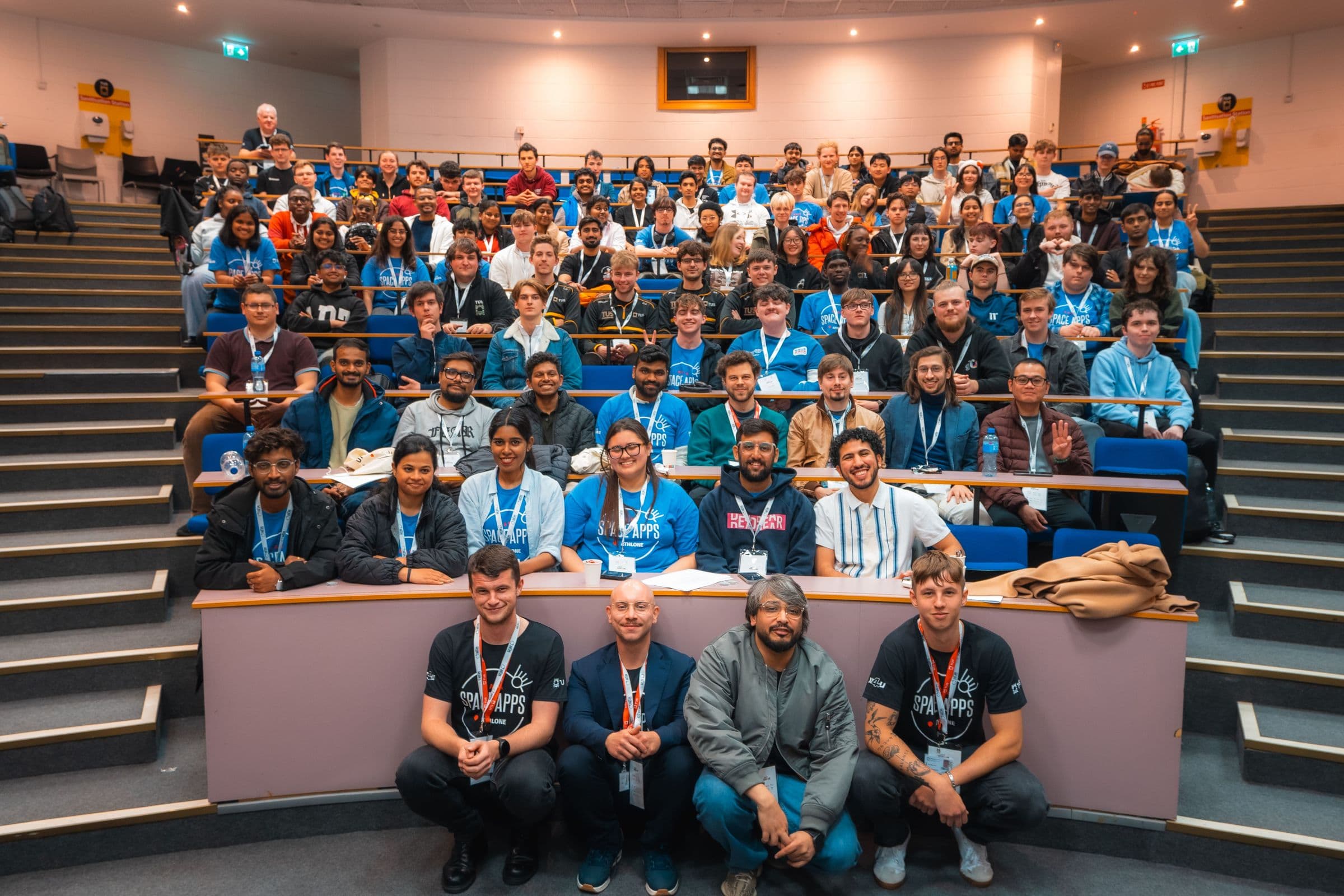 Group photo of HackAthlone 2025 participants, mentors and organisers filling a lecture theatre